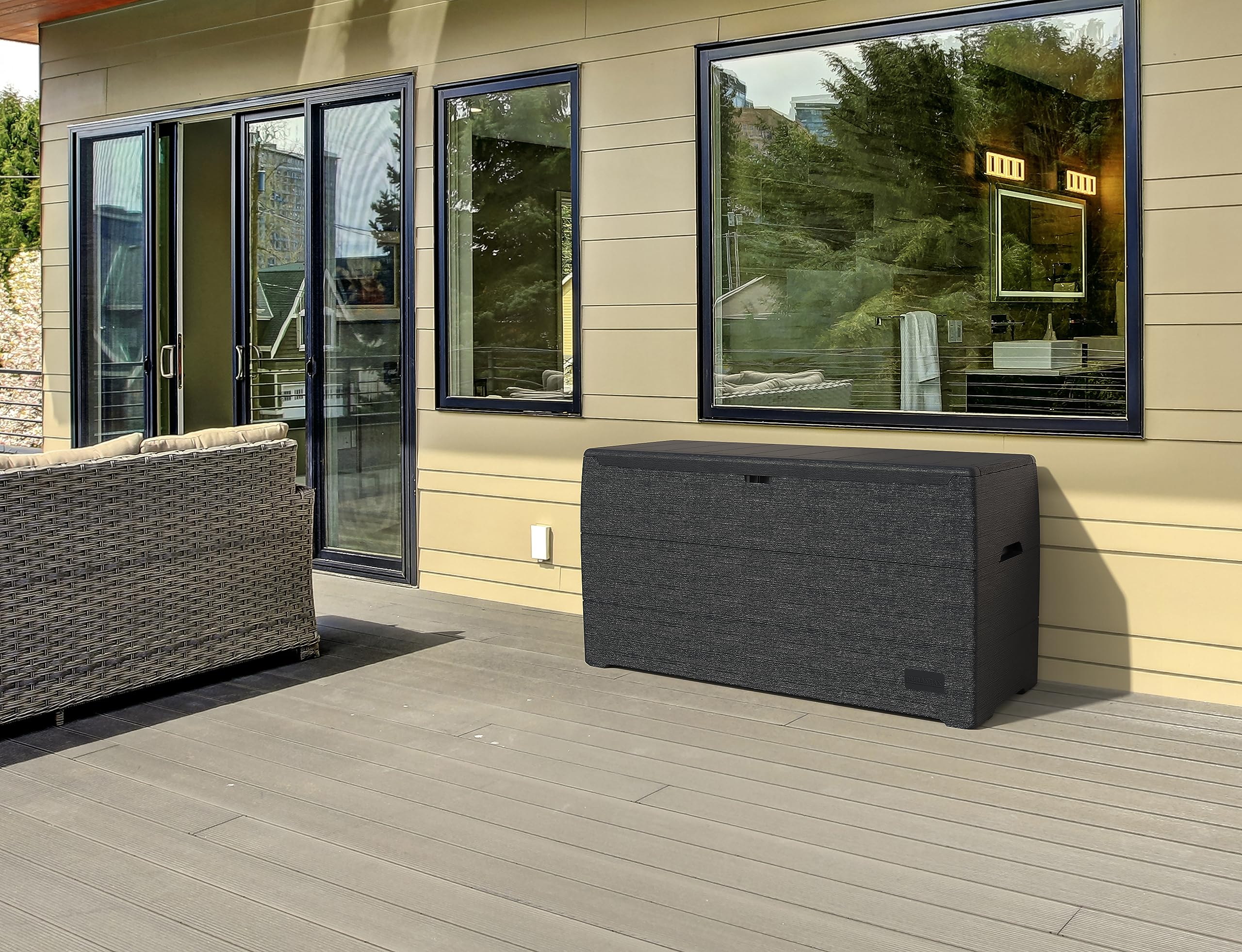 Duramax Cedargrain Durabox 270 Litre/ 71 Gallons plastic storage box, Outdoor Deck Garden Furniture Organizer, Lockable Lid, Plastic Cushion Box with