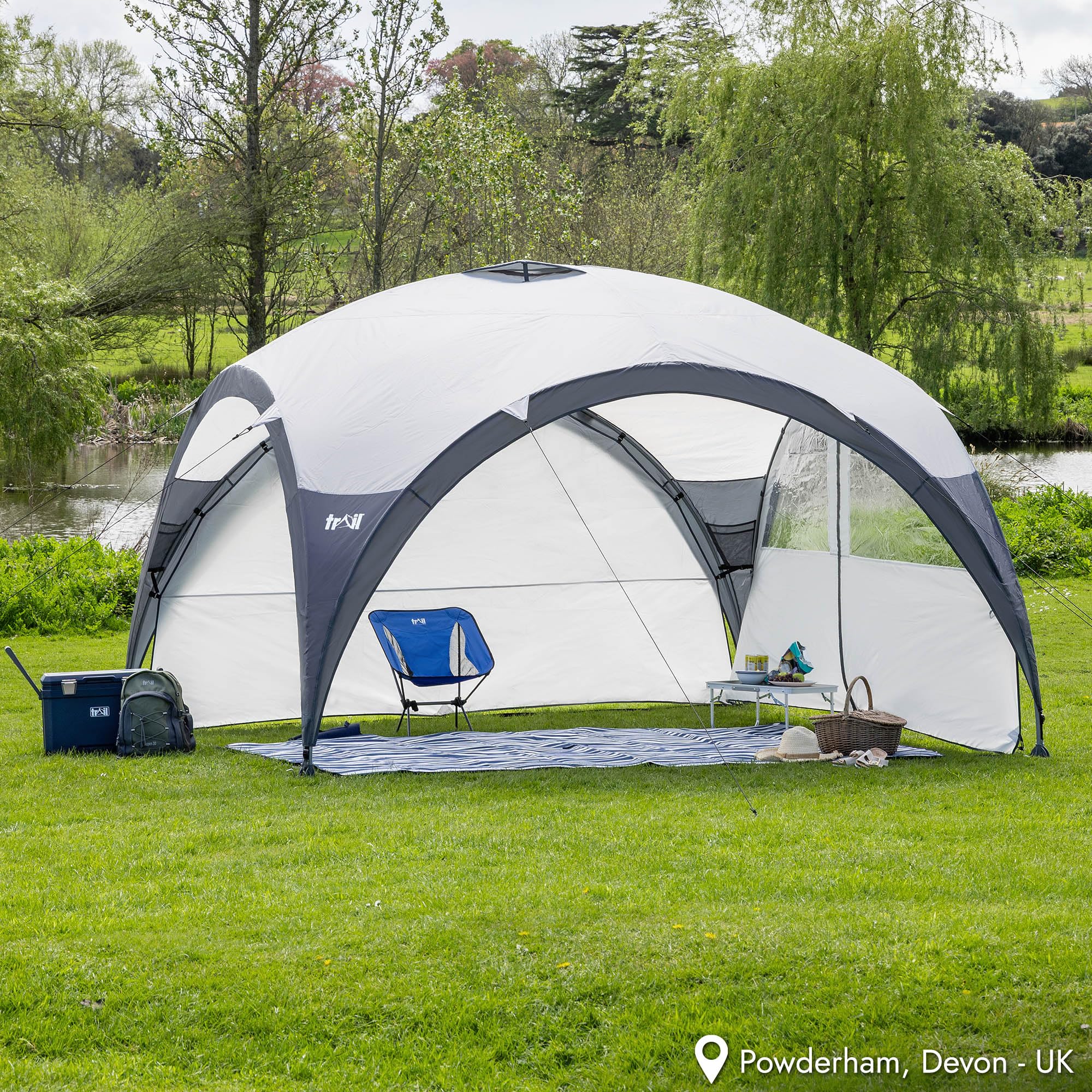 Trail Dome Gazebo with Sides, Portable Steel Pole Shelter, Outdoor Event Camping Garden, 4 Walls, 2 with Doors & Windows, UPF50+ Sun Protection, 4000mm Waterproof, Vent, Bag (3.5m x 3.5m x 2.25m)