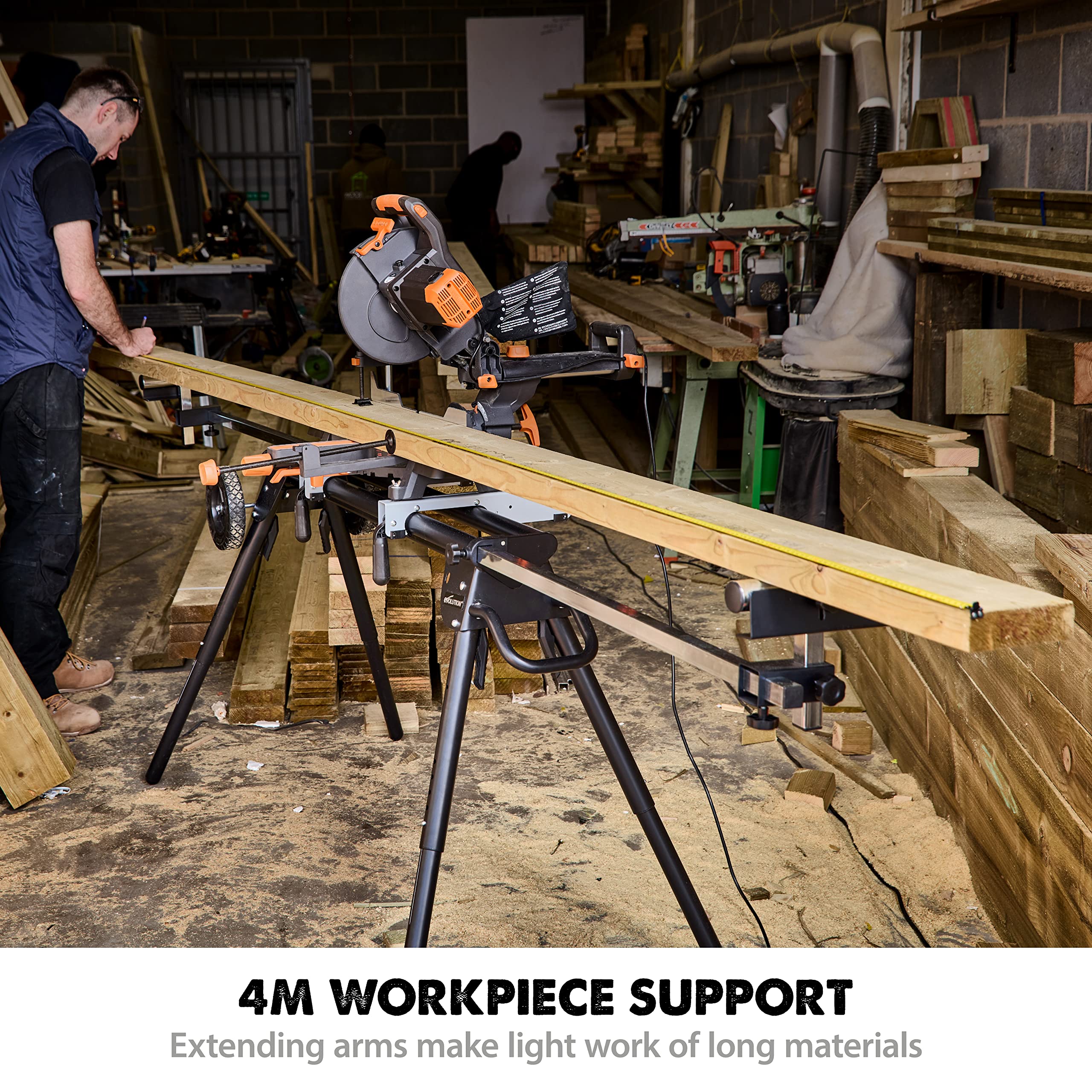 Evolution Power Tools EVOMS1 Mitre Saw Stand, Universal Compact Folding with Extending Support Arms, Fits Evolution, Makita, DeWalt, Bosch, Ryobi, Einhell and Metabo, Supports 150kg Weight & 3m Length