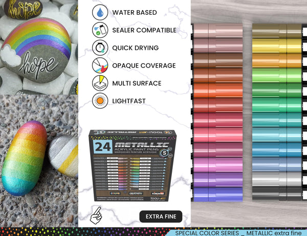 24 Metallic Acrylic Paint Markers Paint Pens Set 0.7mm Extra Fine Tip For Rock Painting, Glass, Mugs, Wood, Metal, Canvas, DIY Projects, Outlining,