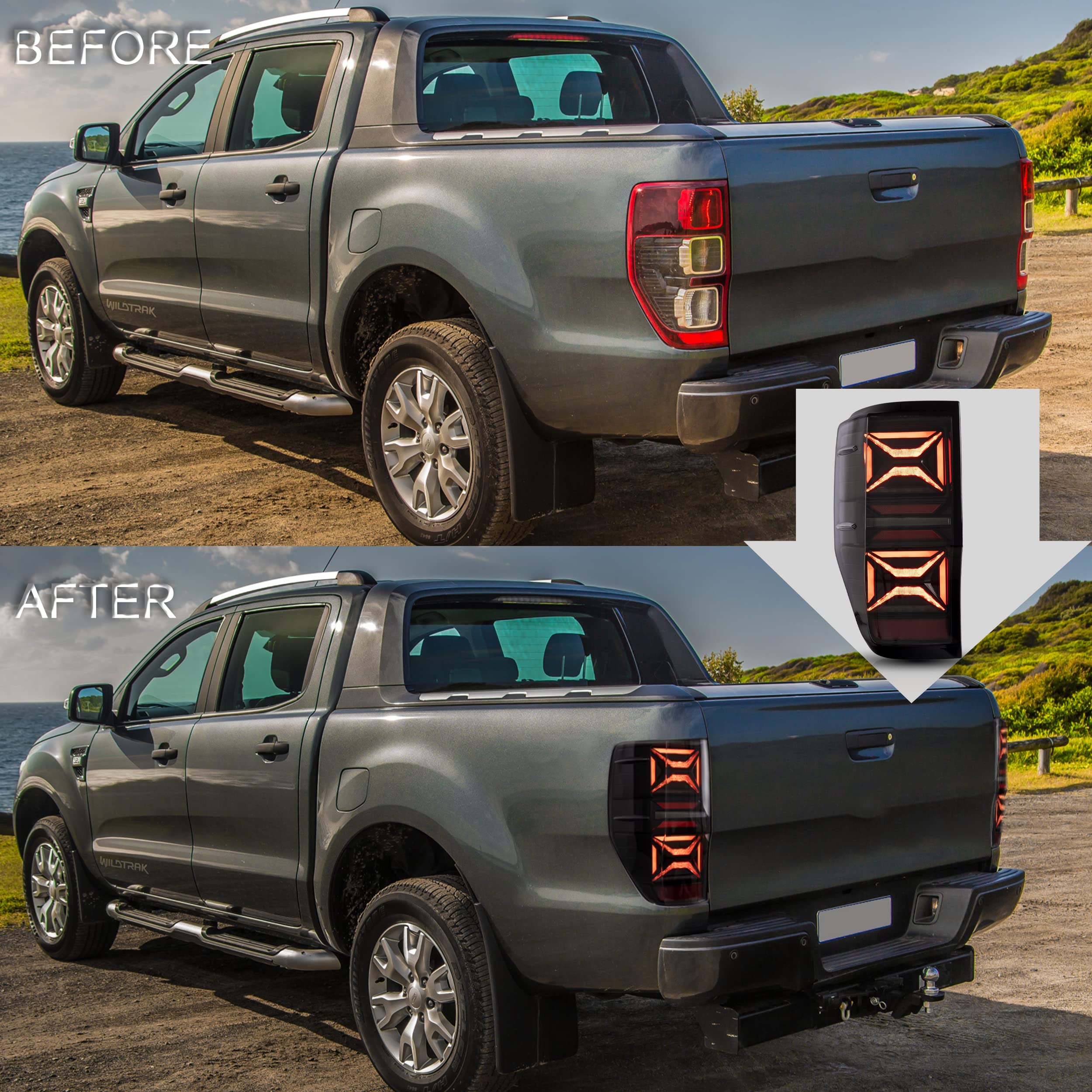 VLAND LED Tail Lights Compatible with Ford Ranger T6 2012-2018, Rear Light with Sequential Turn Signal, w/Dynamic Animation DRL, Smoked