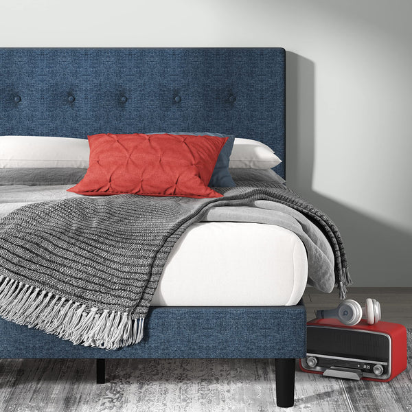 Zinus Omkaram Single Bed frame - Bed 90x190 cm - 36 cm Height - Upholstered Platform Bed frame with Wood slat support - Navy Blue