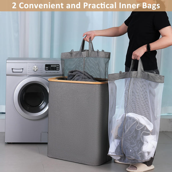 iEGrow Laundry Basket 2 Compartments 150L, Large Washing Baskets for Laundry with Removable and Washable Inner Bags, Laundry Hamper with Lid and