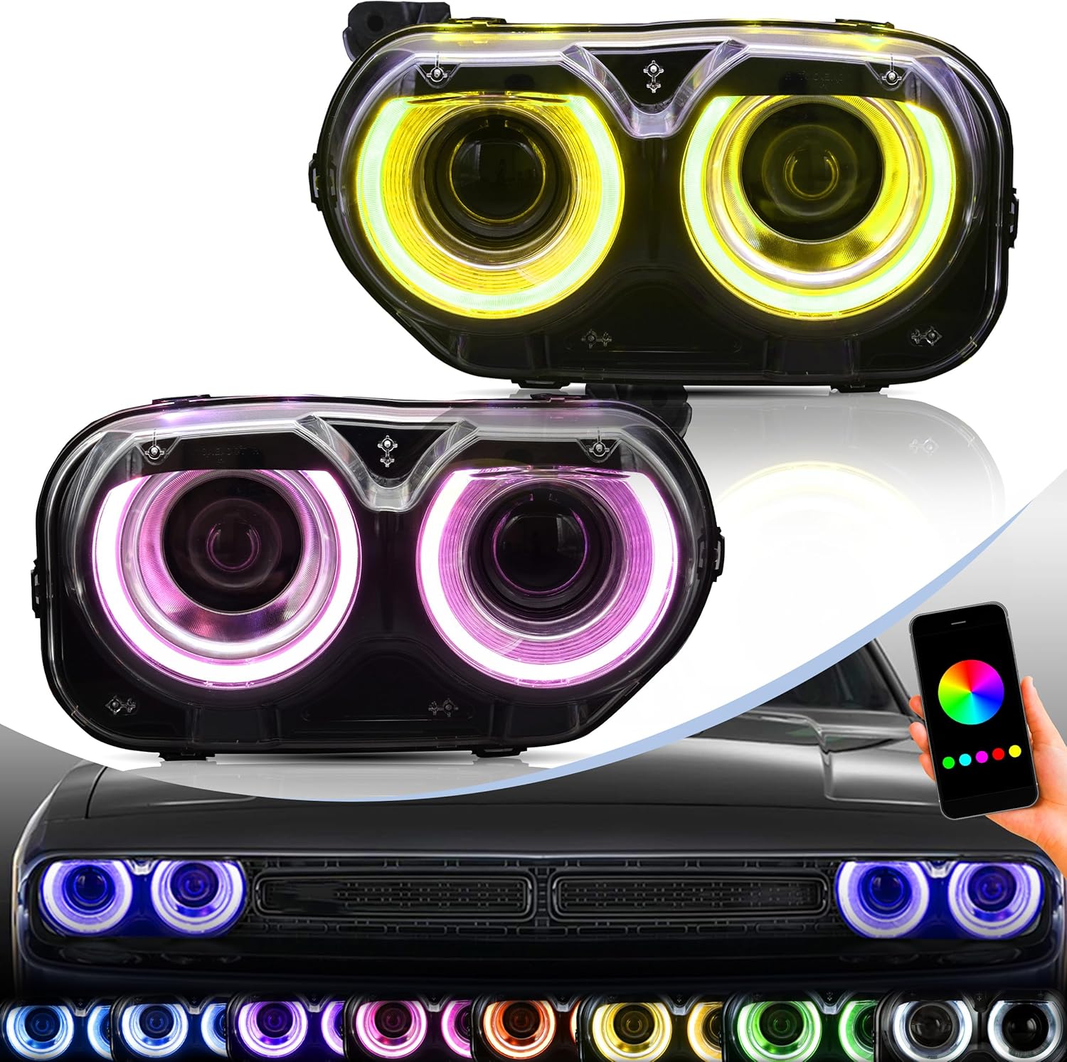 VLAND Headlight suitable for Dodge Challenger 2015-2019 LED headlight, RGB