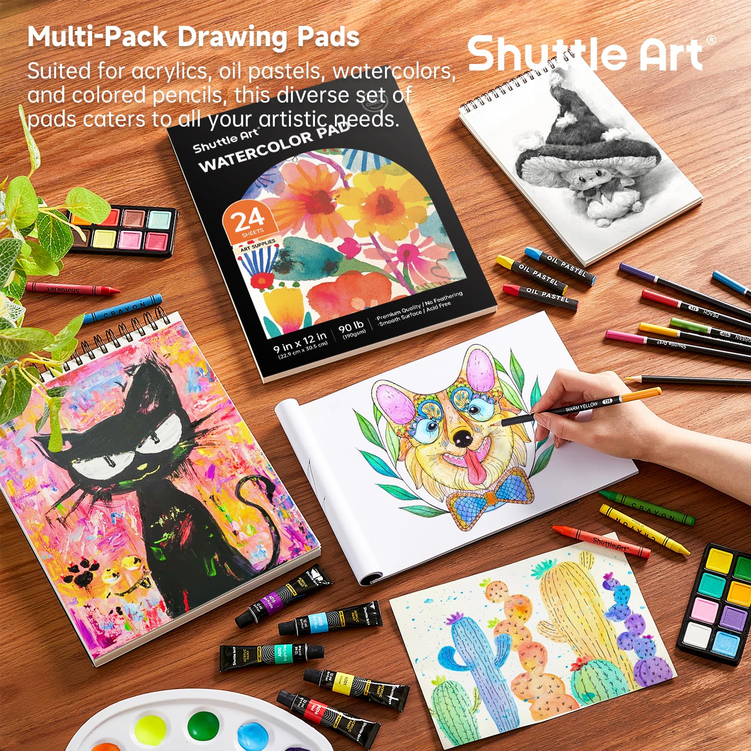 Shuttle Art 186 Piece Deluxe Art Set, Art Supplies in Wooden Case, Painting Drawing Art Kit with Acrylic Paint Pencils Oil Pastels Watercolour Cakes