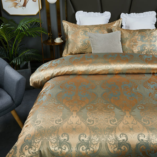 HMtideby Jacquard Duvet Cover Set Double Microfiber Bedding Sets 3 pcs Gold Duvet Quilt Cover with 2 Matching Pillow Cases 200x200cm