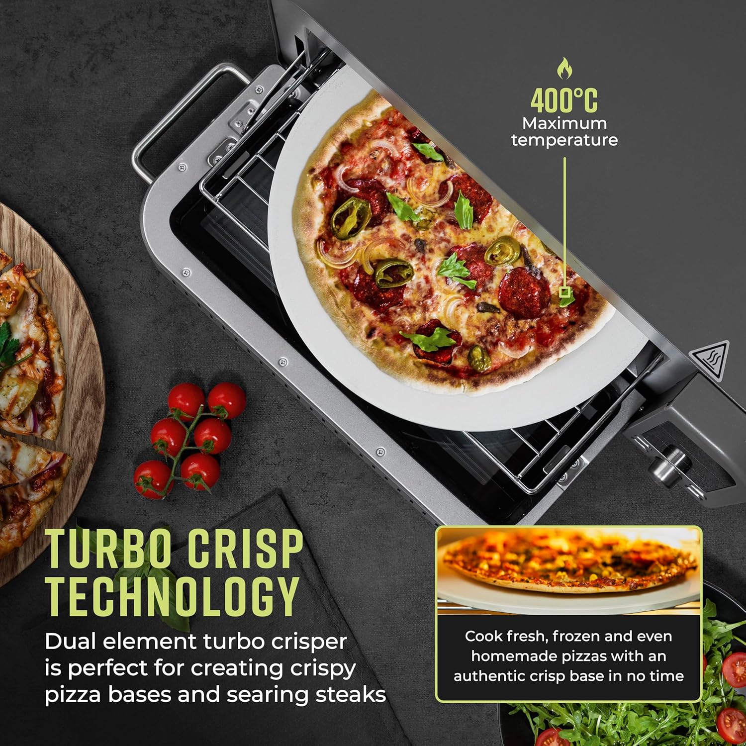 Tower T17141 Elite Pizza Oven with 5 High Temperature Programs, 15 Cooking Functions, Turbo Crisper, 18L, 2000W, Grey & Chrome