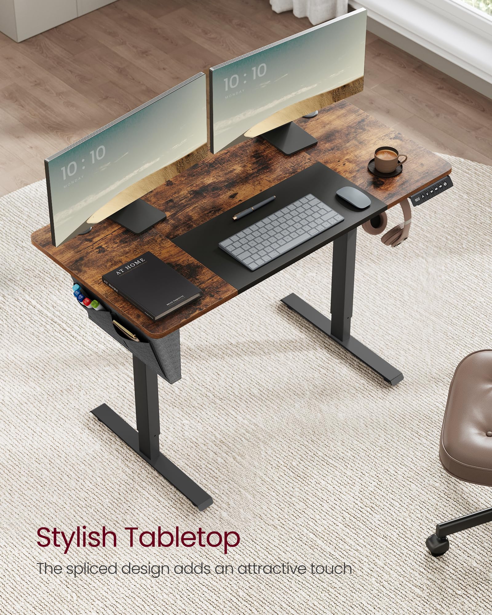 VASAGLE Electric Standing Desk, Height Adjustable Desk, 60 x 140 x (72-120) cm, 4 Memory Heights, Storage Pocket, for Home Office, Study, Rustic Brown and Ink Black LSD134K02