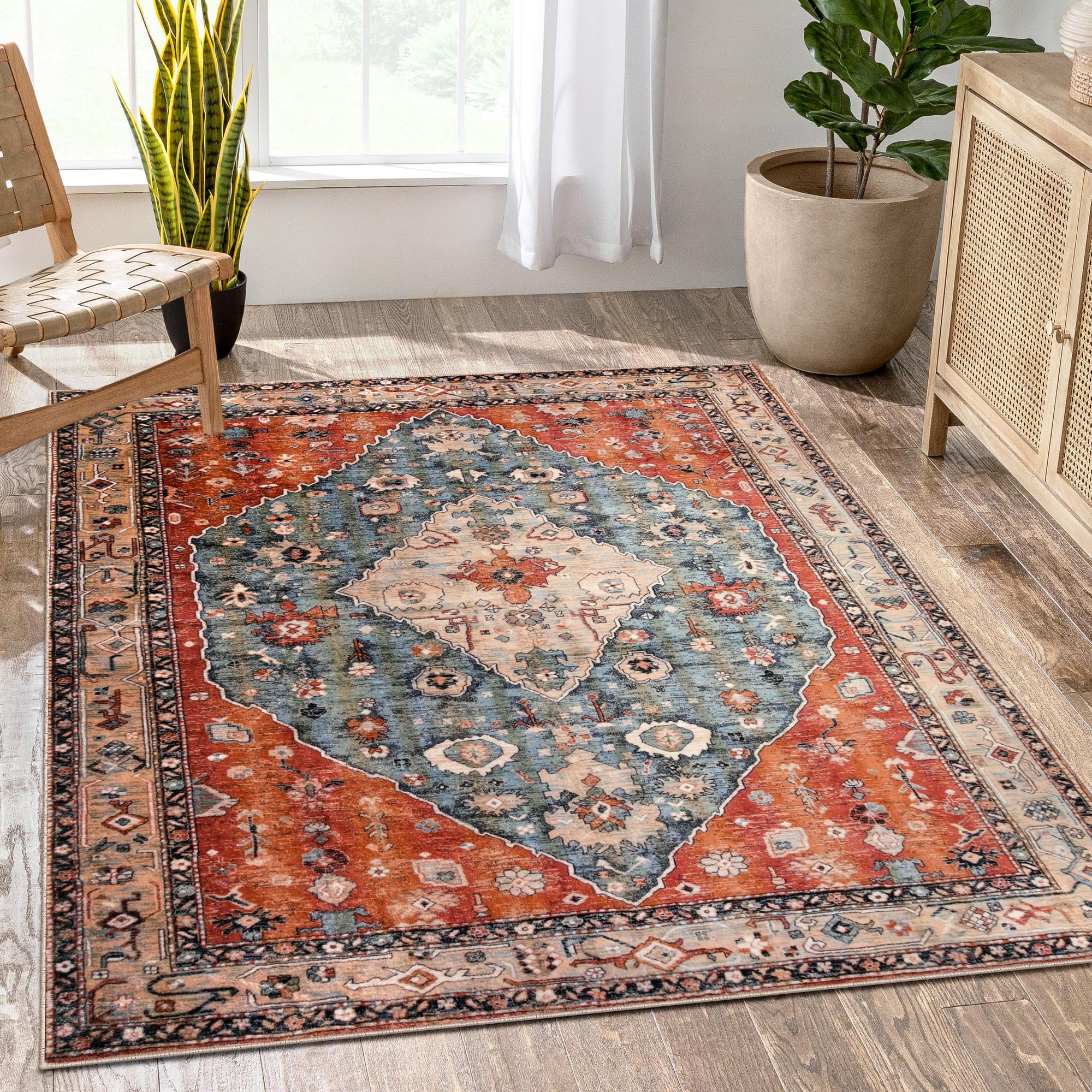 KIMODE Vintage Boho Area Rug - 150 x 210cm, Non-Slip, Washable, Soft, Short Pile, Non-Shedding Floor Carpet for Living Room & Bedroom