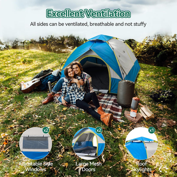 Warmiehomy Camping Tent, 3-4 Person Pop up Tent, Automatic Waterproof Dome Tent with 2 Mesh Doors, 2 Mesh Windows, Roof Skylights, Outdoor Camping Tents for Garden Fishing Picnic