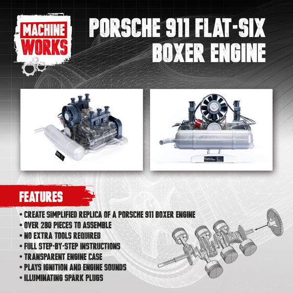 Machine Works Build Your Own Porsche 911 Boxer Engine Toy - Replica Model Building Kit - Features Sounds and Illumination, 280+ Pieces, 10+ Years