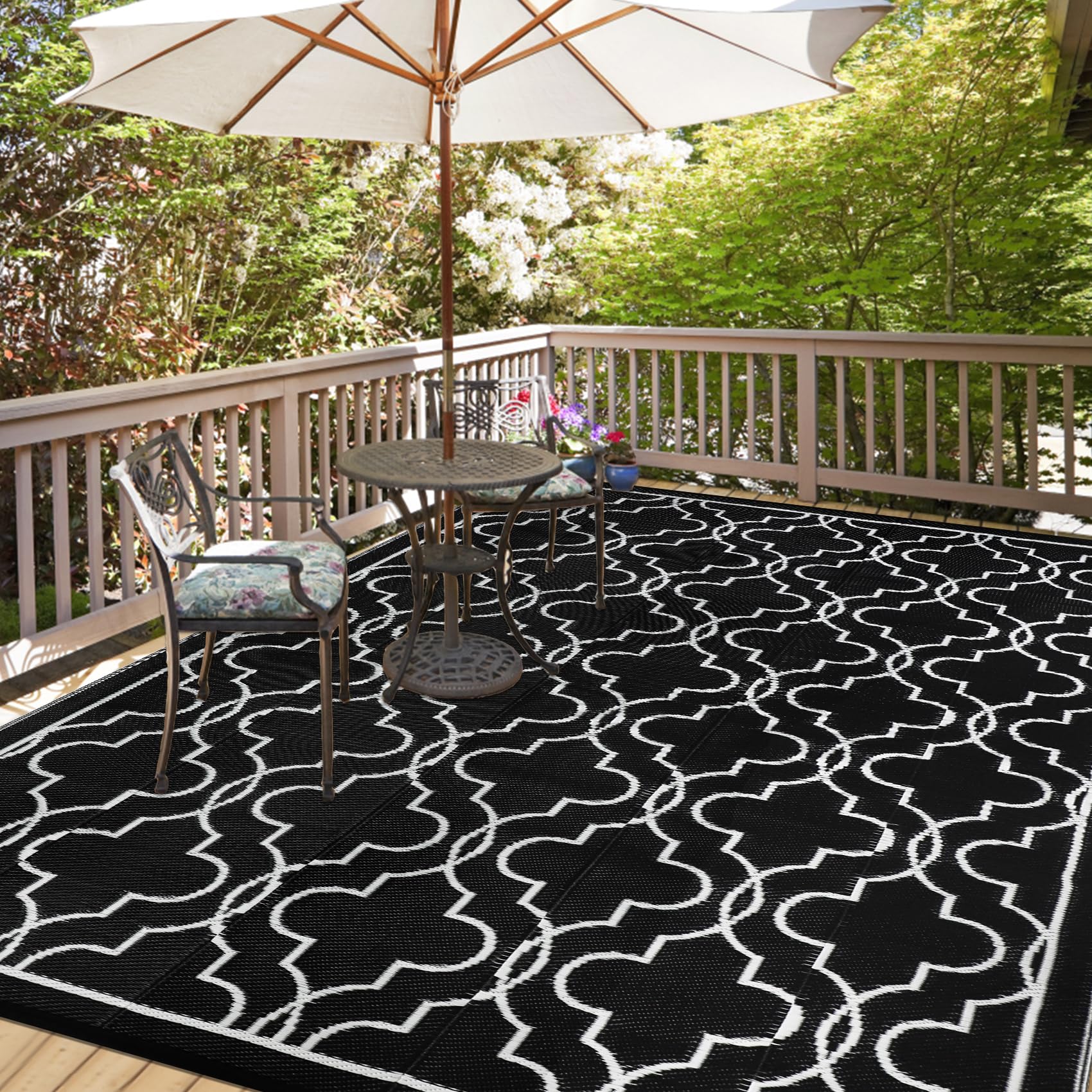 Cekene Large Outdoor Rug Waterproof Black 245x305cm Patio Rugs Reversible RV Camping Mat Lightweight Plastic Portable Outdoor Carpet for Picnic Porch Deck Backyard BBQ Beach