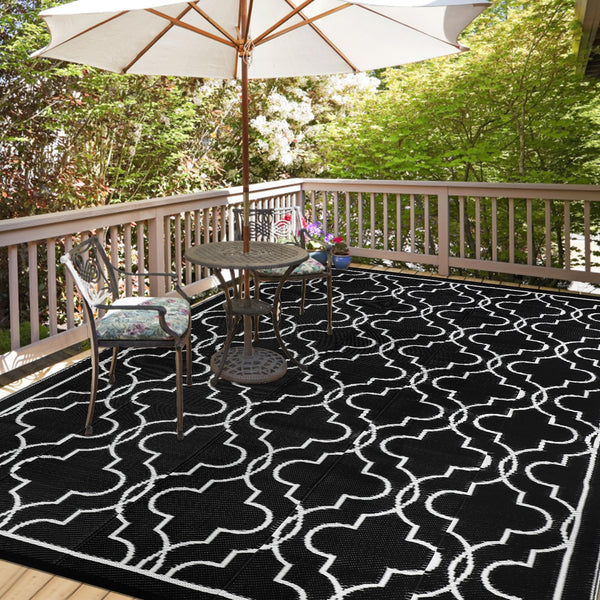 Cekene Large Outdoor Rug Waterproof Black 245x305cm Patio Rugs Reversible RV Camping Mat Lightweight Plastic Portable Outdoor Carpet for Picnic Porch Deck Backyard BBQ Beach