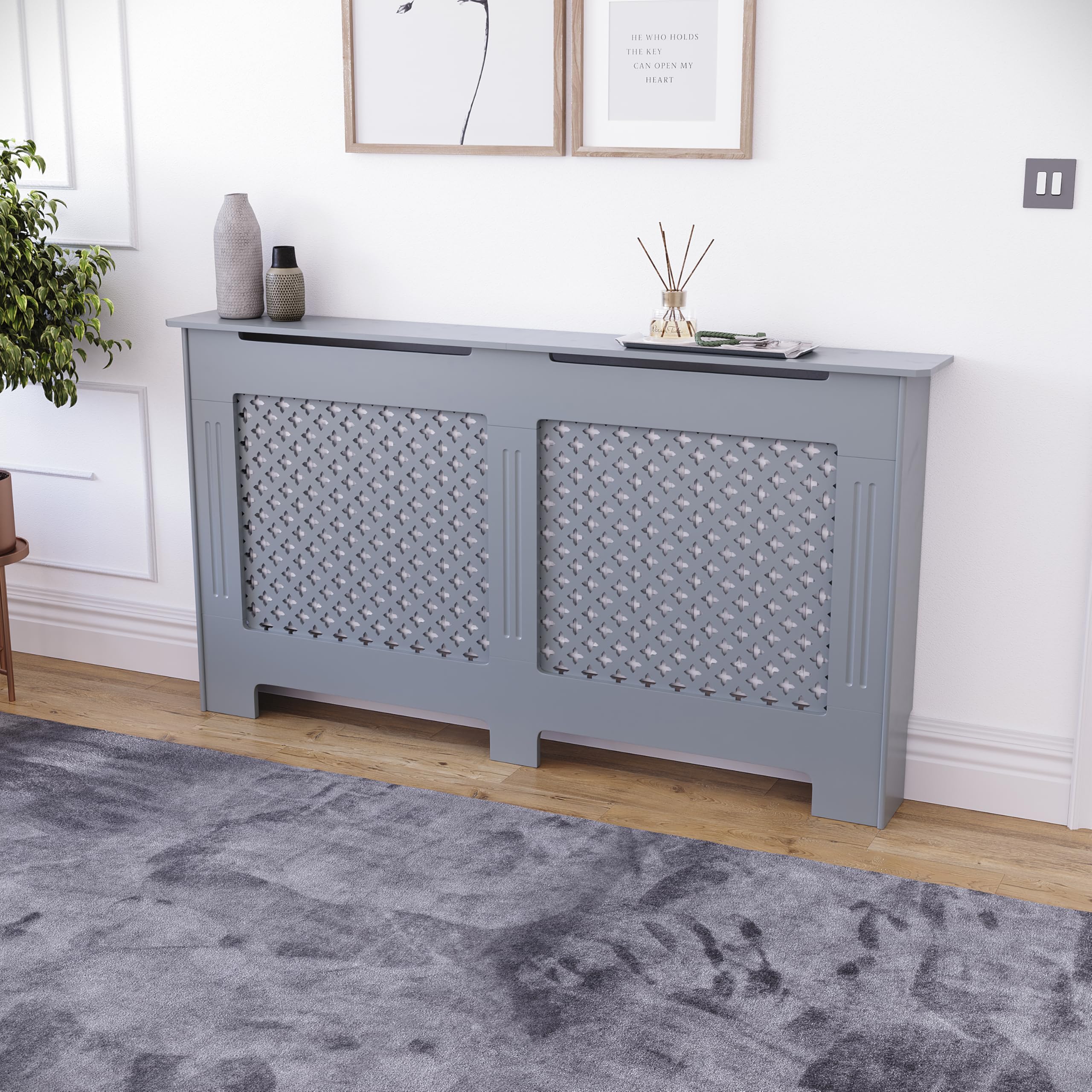 Vida Designs Oxford Radiator Cover – Traditional Cross Pattern, Olive Grey, MDF, Modern Painted Finish, Heat Efficient, Small, (H 82 x W 78 x D 19 cm)