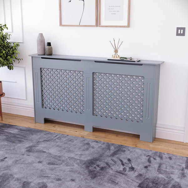 Vida Designs Oxford Radiator Cover – Traditional Cross Pattern, Olive Grey, MDF, Modern Painted Finish, Heat Efficient, Small, (H 82 x W 78 x D 19 cm)