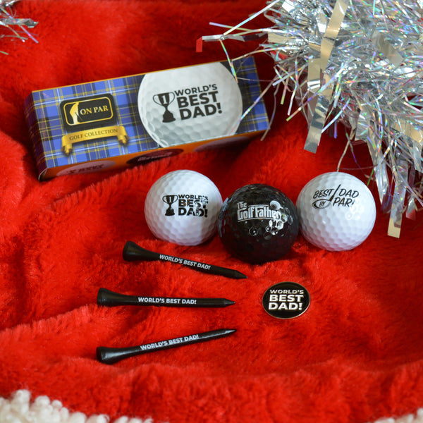 On Par Dad & Grandad Golf Balls Gift Pack - Includes Golf Tees, Ball Marker - Gag, Novelty Present - World's Best Dad, Golf Gifts for Men
