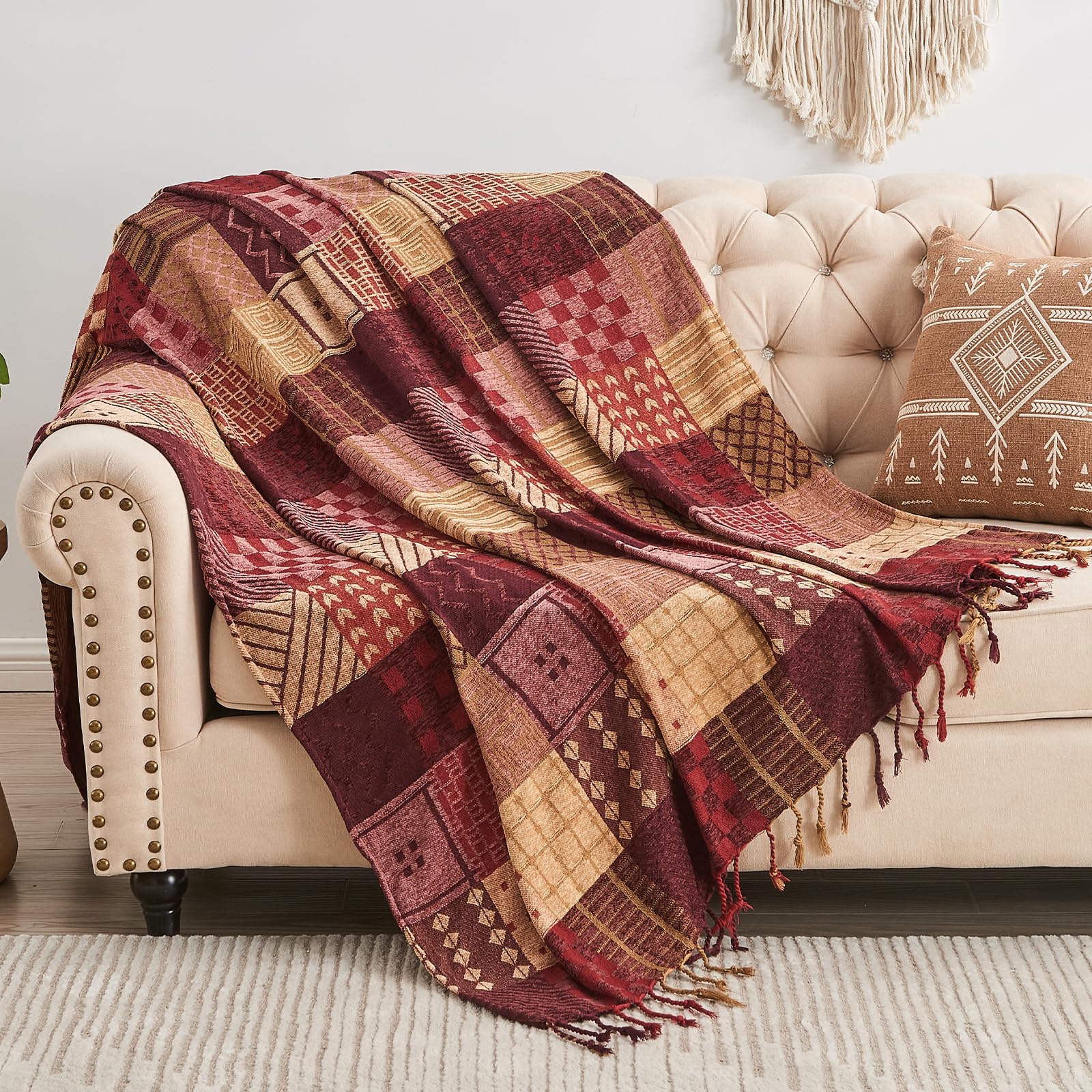 Edcooy Boho Throw Blanket,Patchwork Large Blankets for Sofa Double Bed Armchair Couch,Weighted Soft Furniture Throws,Tassels Chenille Throws and