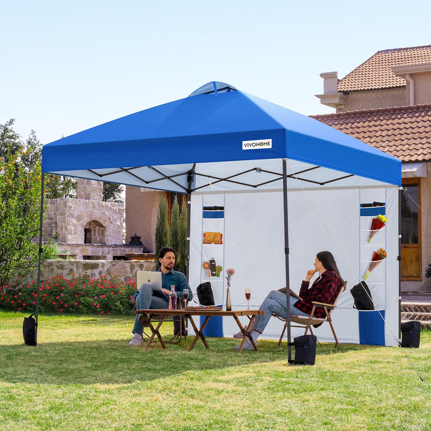 VIVOHOME Canopy Tent 3x3m Outdoor Shelter 2 Tiers Roof with Portable Wheel Carry Bag and 4 Sandbags Pop Up for Patio Garden Backyard