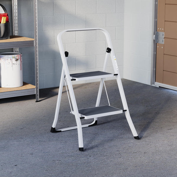Home Vida 3 Step Ladder - Heavy Duty Steel Folding Ladder with Slip-Resistant and Wide Steps, Folding Mechanism, 150kg Max Load, Home/Kitchen/DIY/Garden Use, White
