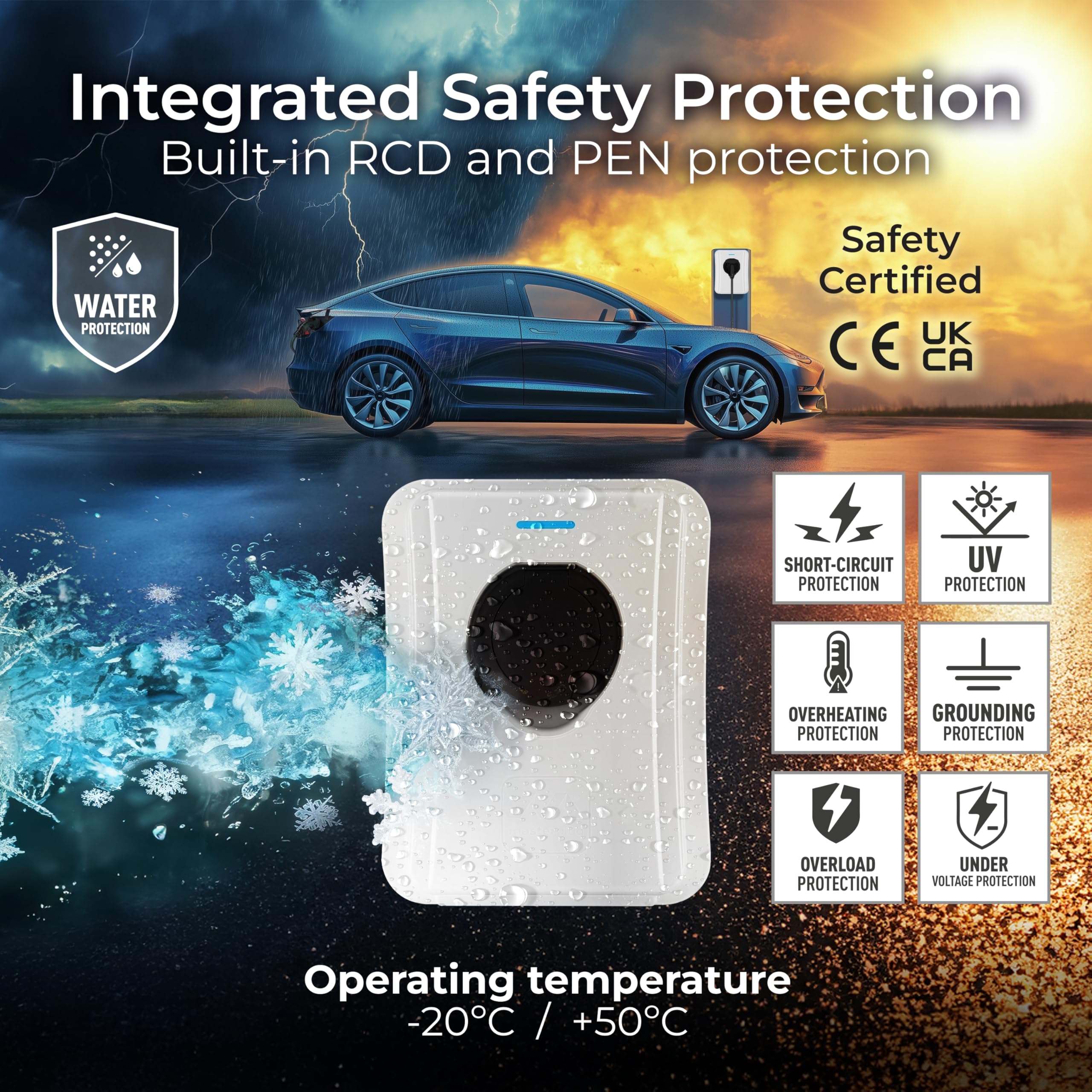 Masterplug Smart EV Home Wall Charger for Type 2 Electric and Plug-In Hybrid Vehicles, Tethered with 5m Cable, Mode 3, App Control, Solar Charging, Single Phase, Black, IP55, 7.4kW, 32A, EVCM3ST7B-MP