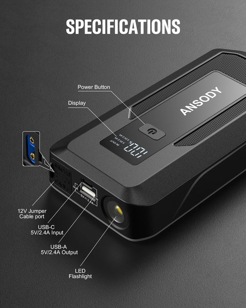 ANSODY Jump Starter Power Pack 3000A (Up to 10.0L Gas,8.0L Diesel), Car Battery Booster Jump Starter with Jump Leads, LED Flashlight, Jump Pack for 12V Vehicles Pickup SUV Motorcycle