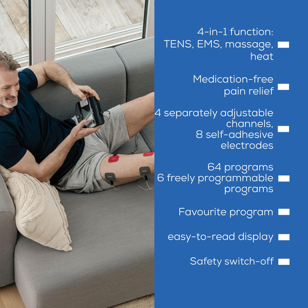 Beurer EM59 Digital TENS/EMS Device with Heat, 4-in-1 stimulation device for pain therapy, muscle stimulation, massage and heat therapy, 4 electrodes, 70 programmes, 50 intensity levels