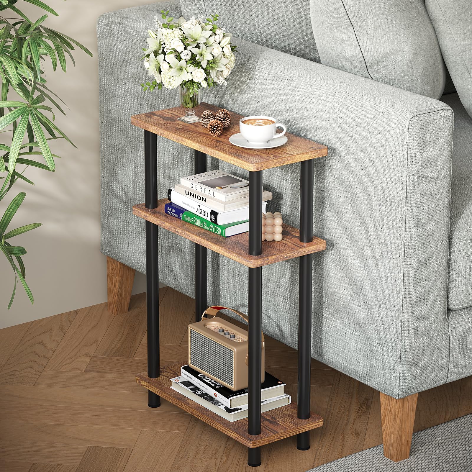 APICIZON Narrow Side Table, Slim Small Table, 3 Tier End Table Living Room, 40x18x61.5cm, Modern Thin Side Tables for Living Room, Bedroom, Sofa,