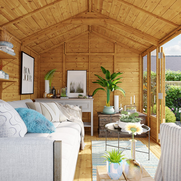 BillyOh Petra 12x10 Reverse Apex Summer House Shed, Log Cabin | Wooden Garden Room with Wide Double Doors, Tear Resistant Felt, Tongue and Groove Construction | Versatile Tiny Home or Garden Office