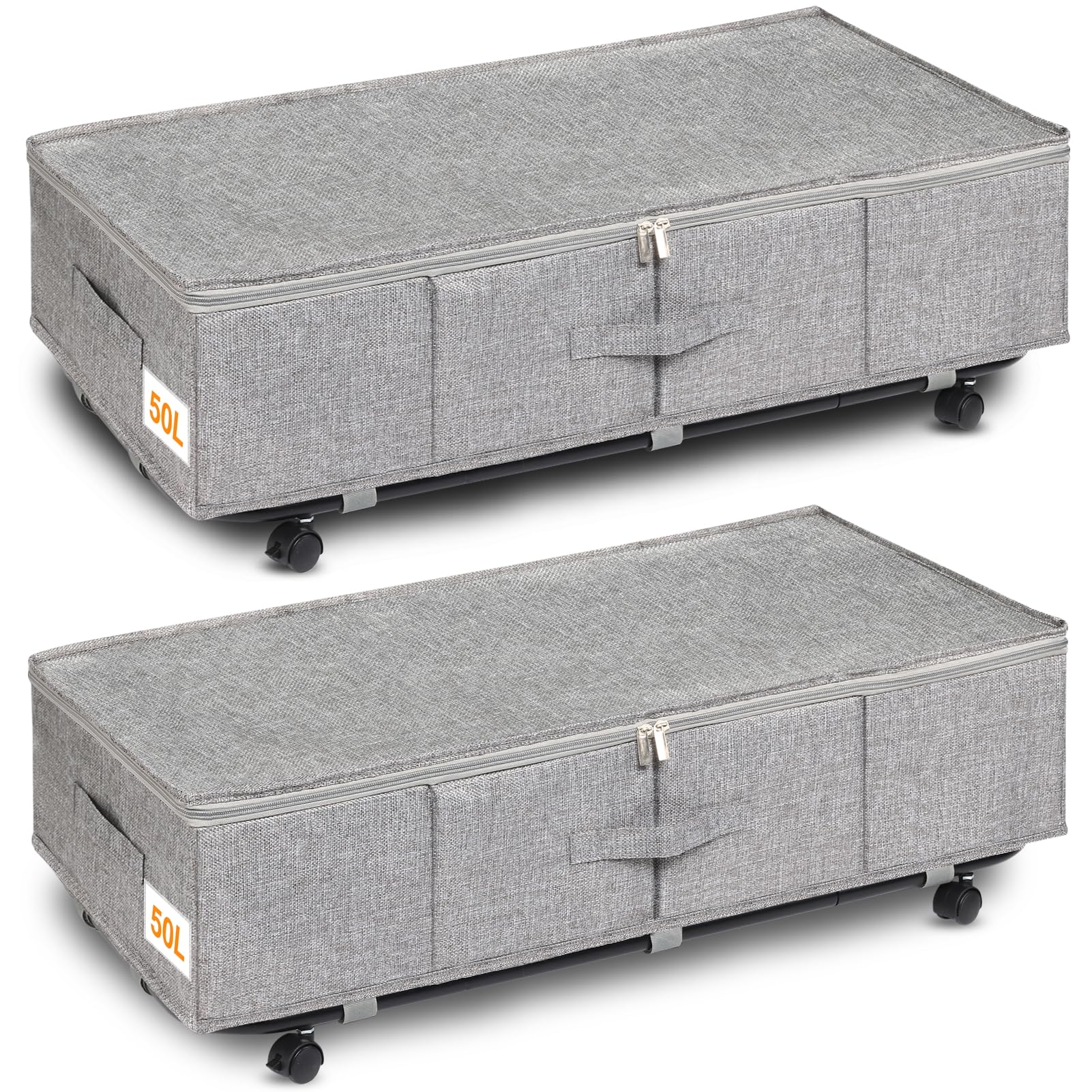 Huquter Under Bed Storage on Wheels, 50L Large Underbed Storage on Wheels, 2 Pack Foldable Under Bed Storage Box with Lid & Zips, Rolling Underbed