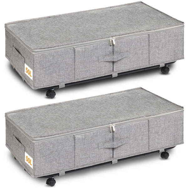 Huquter Under Bed Storage on Wheels, 50L Large Underbed Storage on Wheels, 2 Pack Foldable Under Bed Storage Box with Lid & Zips, Rolling Underbed