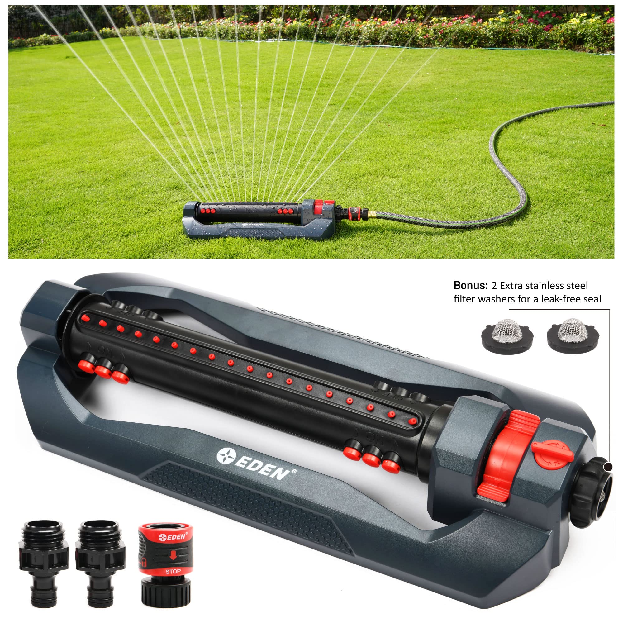 Eden 96212 Turbo Oscillating Sprinkler for Large Yard and Lawn W/Quick Connector Starter Set 96212 Covers up to 4,499 sq. ft.