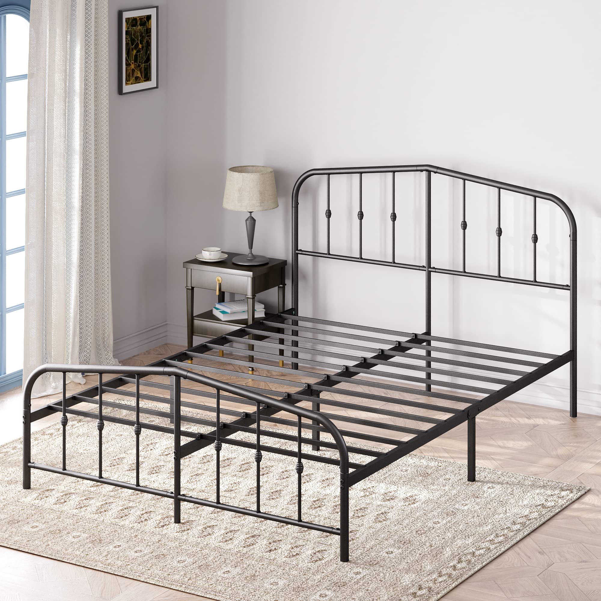 Zinus Heidi Super King Bed frame - Bed 180x200 cm - 30 cm Height - Metal Platform Bed frame with Headboard and Footboard - Black