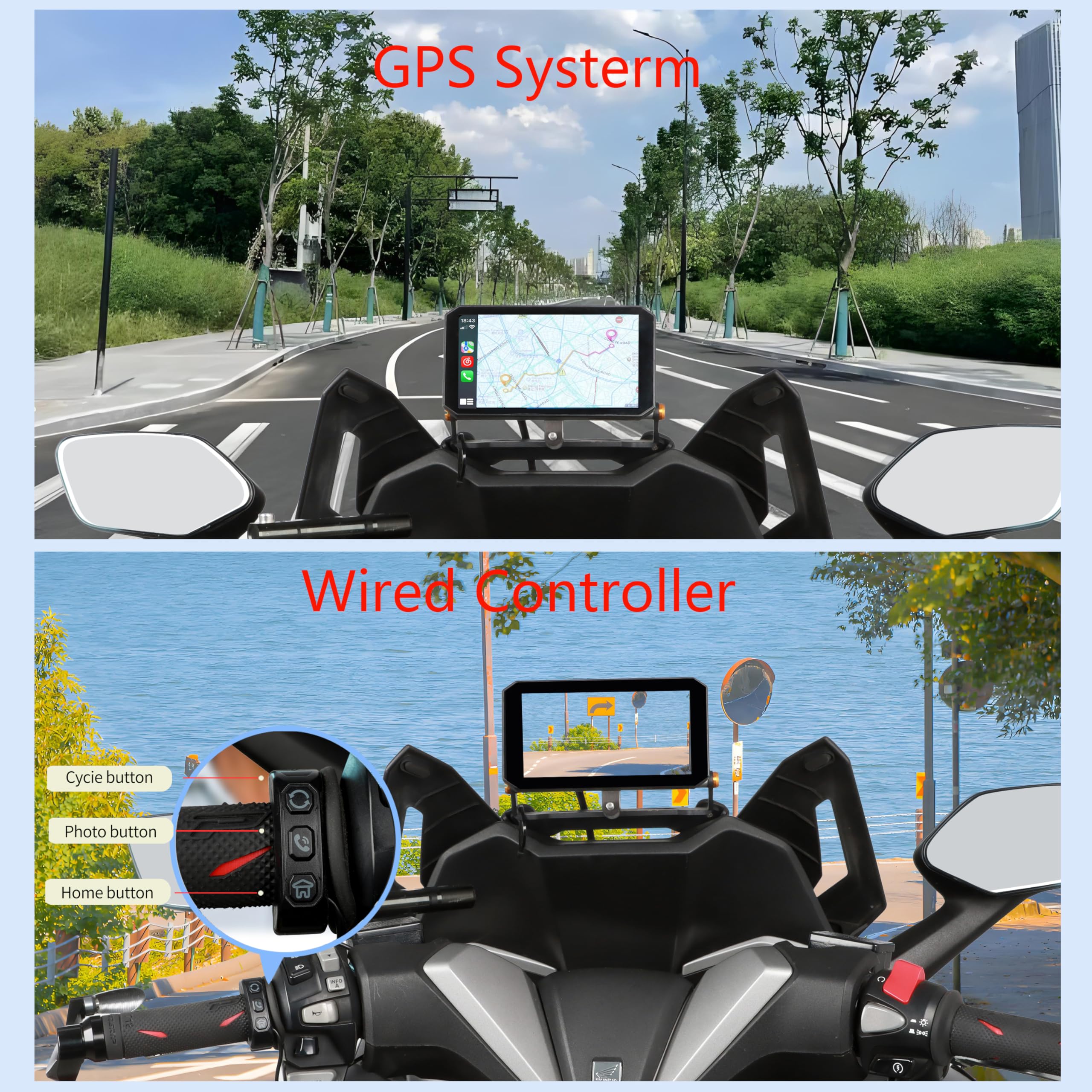 Motorcycle CarPlay Screen with 1080P Front and Rear Dash Cam,5.5" Wireless CarPlay & Android Auto GPS Navigation Touchscreen for Motorbike with BSD Radar Monitor,TPMS,IP67 Waterproof,Siri/Google