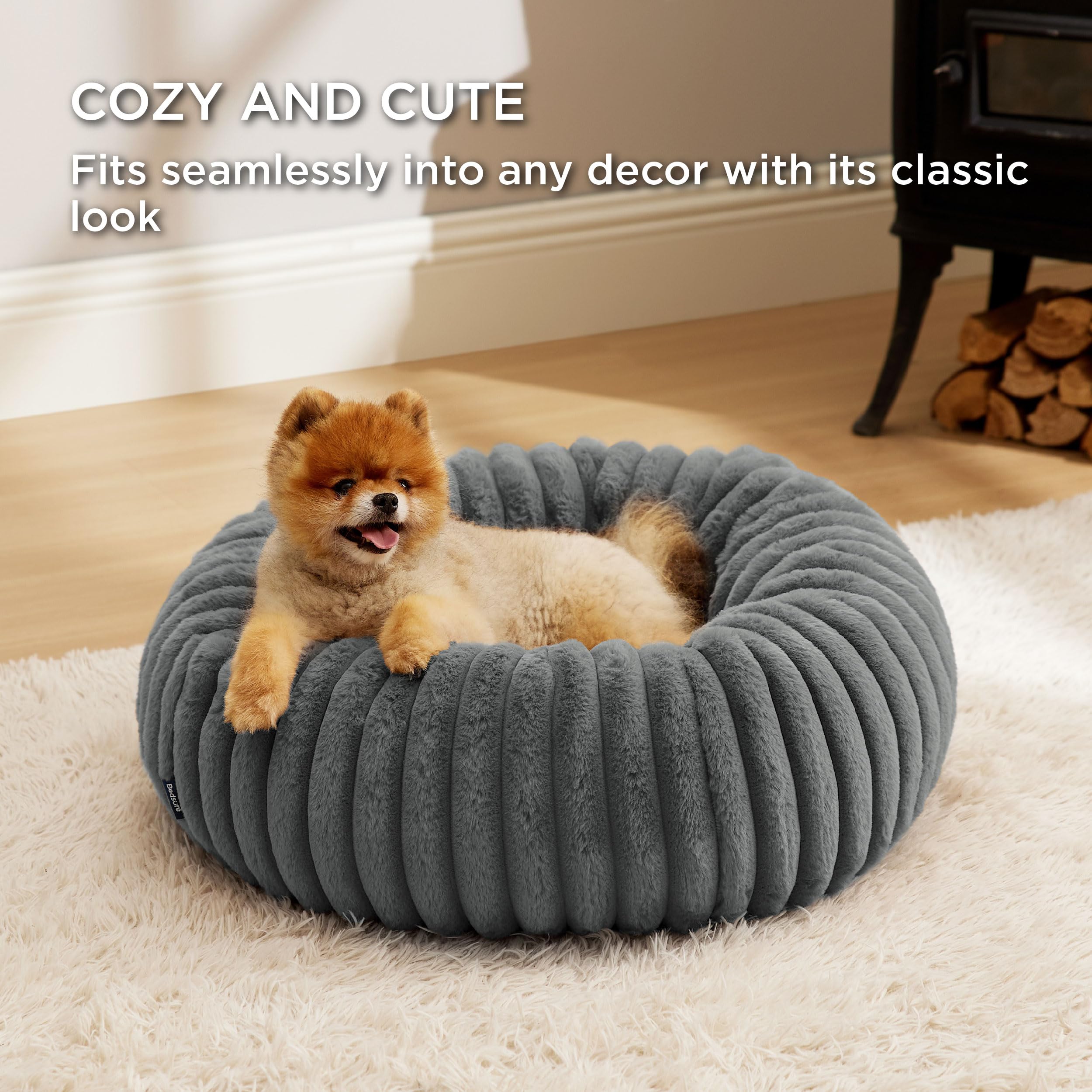 Bedsure Cat Bed for Indoor Cats - 51x51x15 cm Fluffy Cat Donut Bed with Corduroy Fleece & Anti Slip Bottom, Puppy Kitten Beds Washable with Removable Cover, Dark Grey