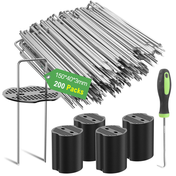 Graxury 200Packs 6 Inch Heavy Duty 11 Gauge Garden Pins Stakes with 200Packs Gasket - Galvanized Steel Staples Pegs for Securing Anchoring Weed Fabric