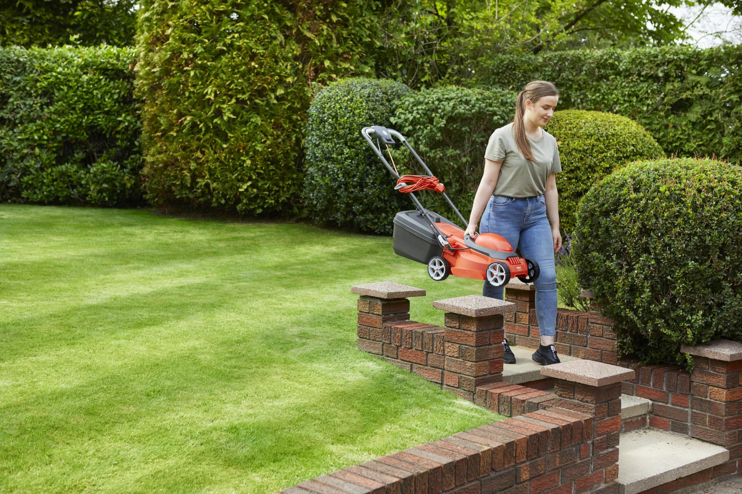 Flymo EasiStore 380R Electric Rotary Lawn Mower - 38 cm Cutting Width, 45 Litre Grass Box, Close Edge Cutting, Rear Roller, Central Height Adjust, Space Saving Storage Features