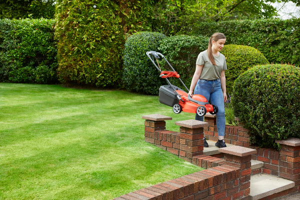 Flymo EasiStore 380R Electric Rotary Lawn Mower - 38 cm Cutting Width, 45 Litre Grass Box, Close Edge Cutting, Rear Roller, Central Height Adjust, Space Saving Storage Features