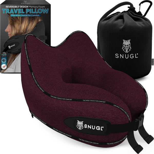 SNUGL Travel Pillow – Memory Foam Neck Pillow for Travel – Support Cushion for Airplane with Carry Bag & Clip - Holiday Essentials (Black - Adult Regular)