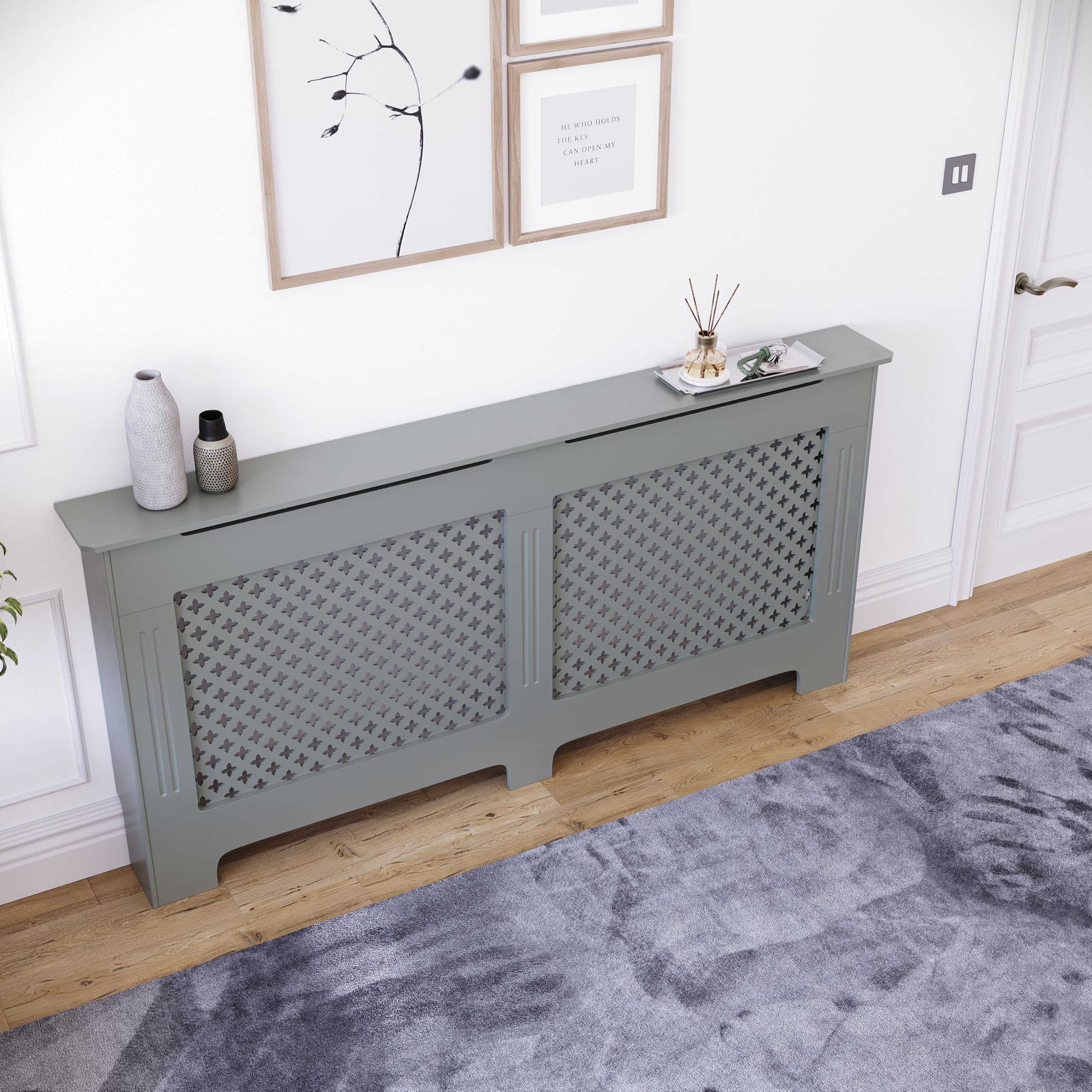 Vida Designs Oxford Radiator Cover – Traditional Cross Pattern, Olive Grey, MDF, Modern Painted Finish, Heat Efficient, Small, (H 82 x W 78 x D 19 cm)