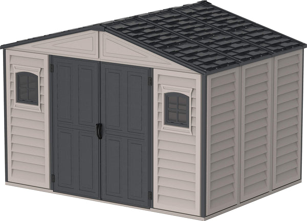 Duramax WoodSide 10 x 8 (8.02 m2) Plastic Garden Shed with 3 Fixed Windows & Metal Foundation Kit, Strong Metal Roof Structure Fire Retardant and Maintenance-Free Storage Shed - Ivory/Brown