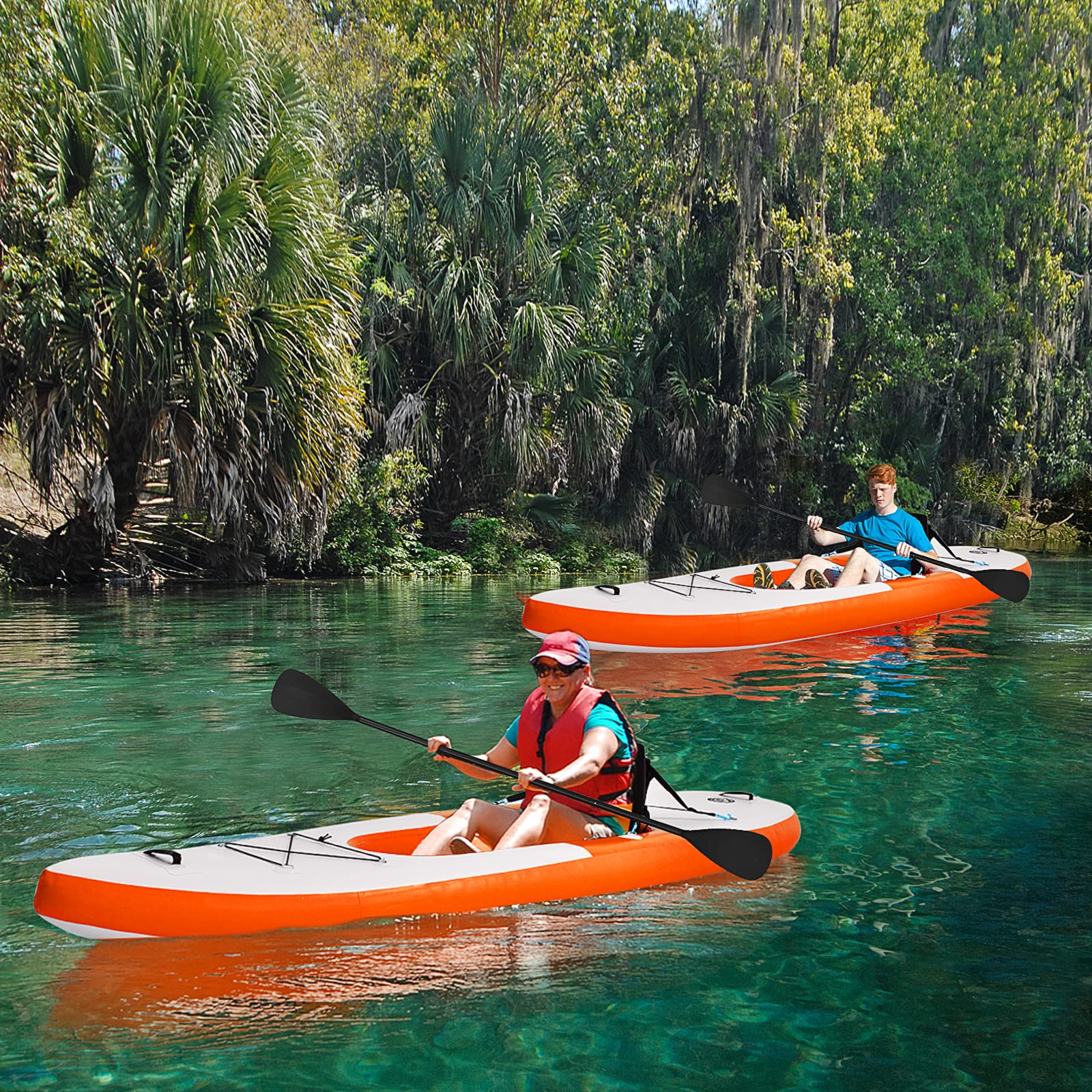 COSTWAY 10.8ft Inflatable Kayak, 1 Person Sit on Canoe with Adjustable Aluminum Oar, Hand Pump and Padded Seat, Paddle Kayaks Blow up Boat for River Lake Sea