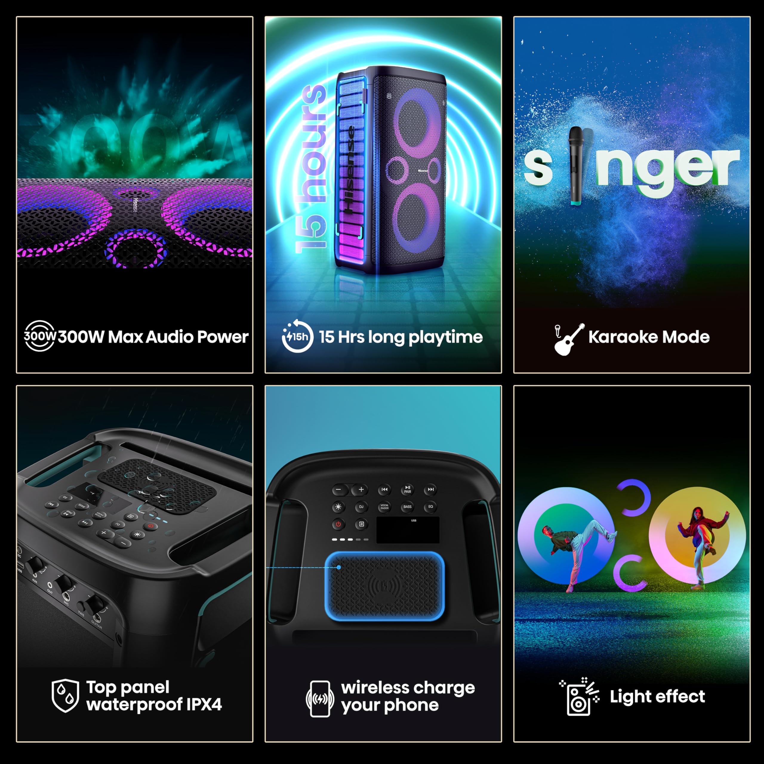 Hisense PARTY STORM, 300W Max Audio Power,15 Hrs long playtime,Karaoke Mode,Lighting effects, Wireless charge the phone, IPX4 Waterproof, Bluetooth 5.0