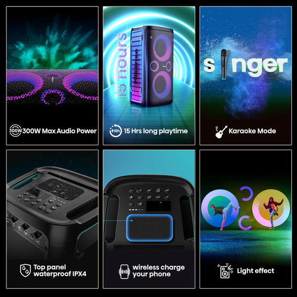 Hisense PARTY STORM, 300W Max Audio Power,15 Hrs long playtime,Karaoke Mode,Lighting effects, Wireless charge the phone, IPX4 Waterproof, Bluetooth 5.0