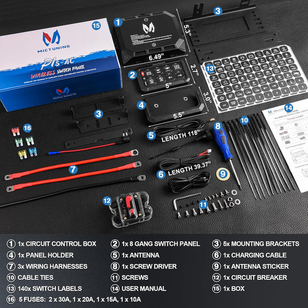 MICTUNING P1s Wireless RGB 8 Gang Switch Panel, Remote Control Range Up to 165FT Plug and Play Multifunction Toggle Momentary Strobe Circuit Control Relay System Box for Off Road Truck SUV UTV RV