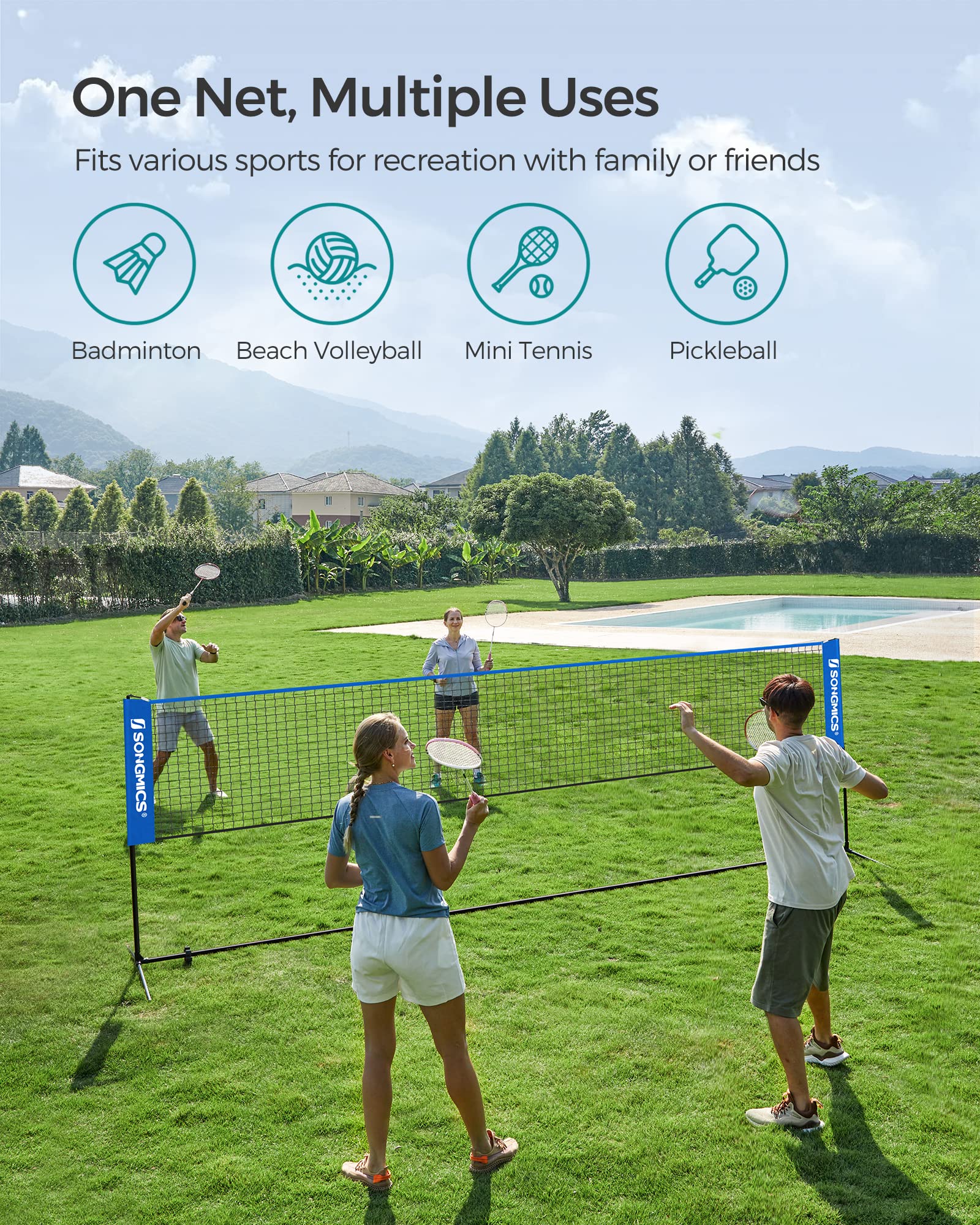 SONGMICS 3 m Badminton Net, Volleyball Net, Adjustable Poles Height, Portable Set for Tennis