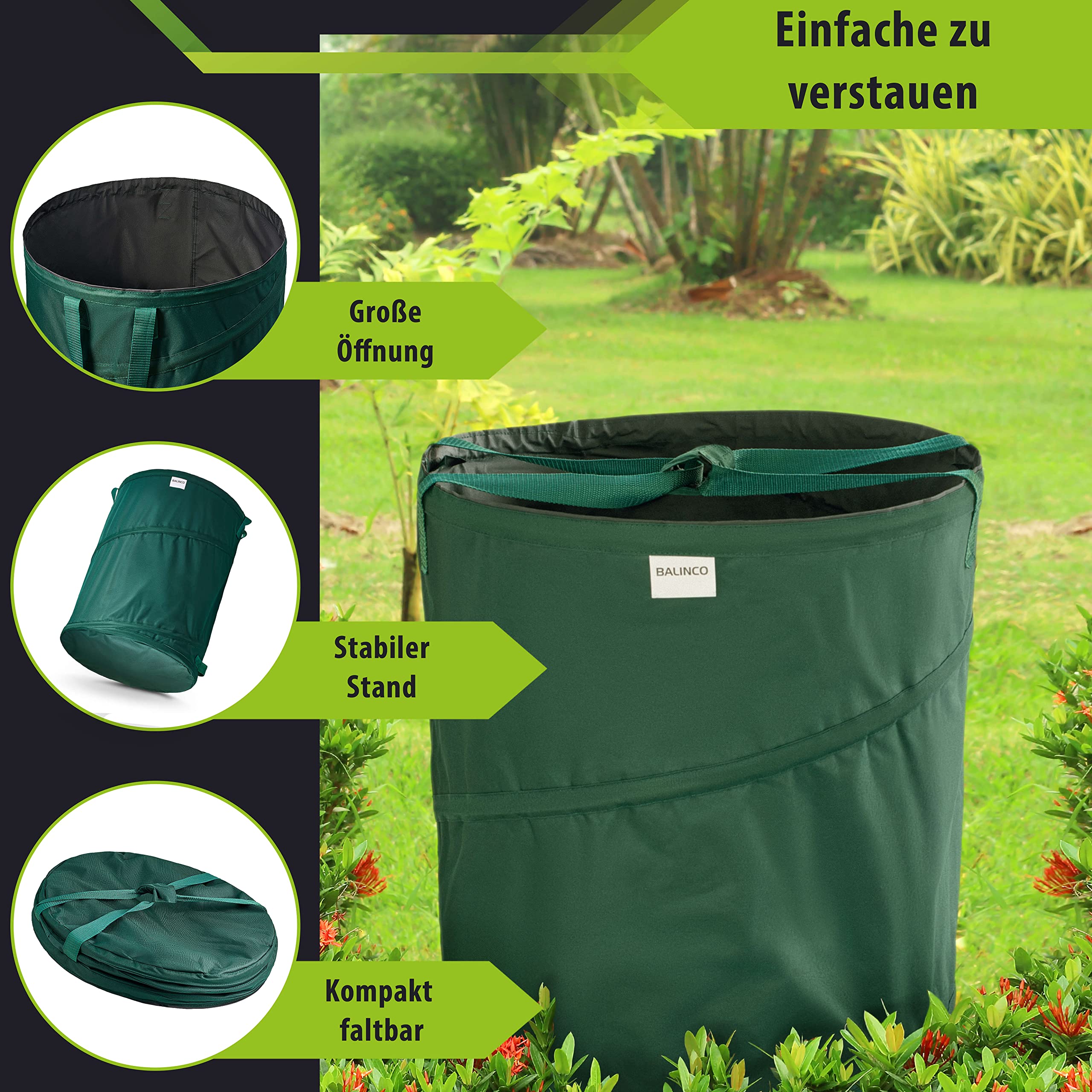 3x 170 litre pop-up garden waste sack green self erecting & stable | leaf sack | garden sack | green waste sacks foldable, large made of extremely