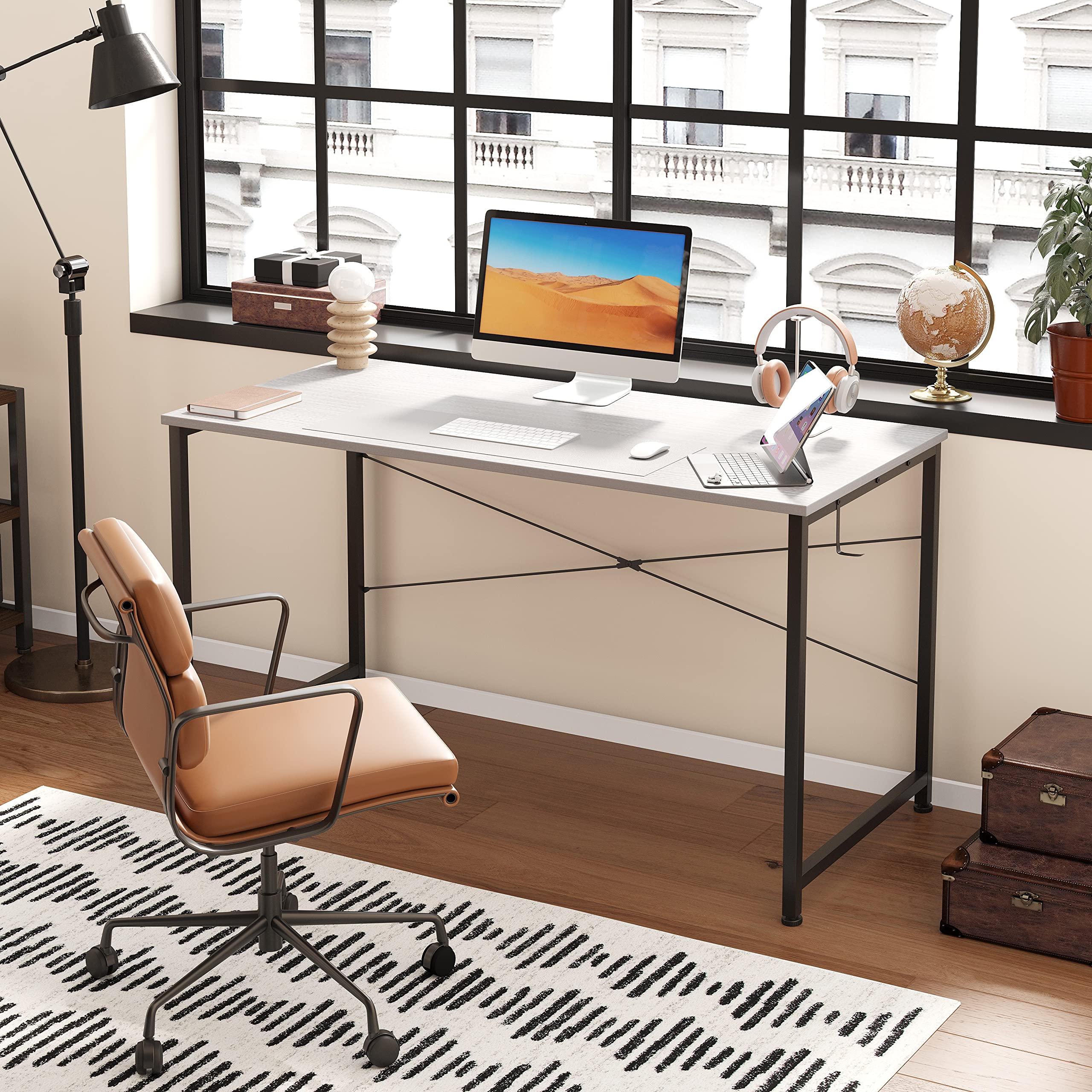 Flrrtenv 100cm Computer Desk, Small White Office Desk with Sturdy Metal Frame and X-Shaped Design, Gaming Desk for Home, Modern White