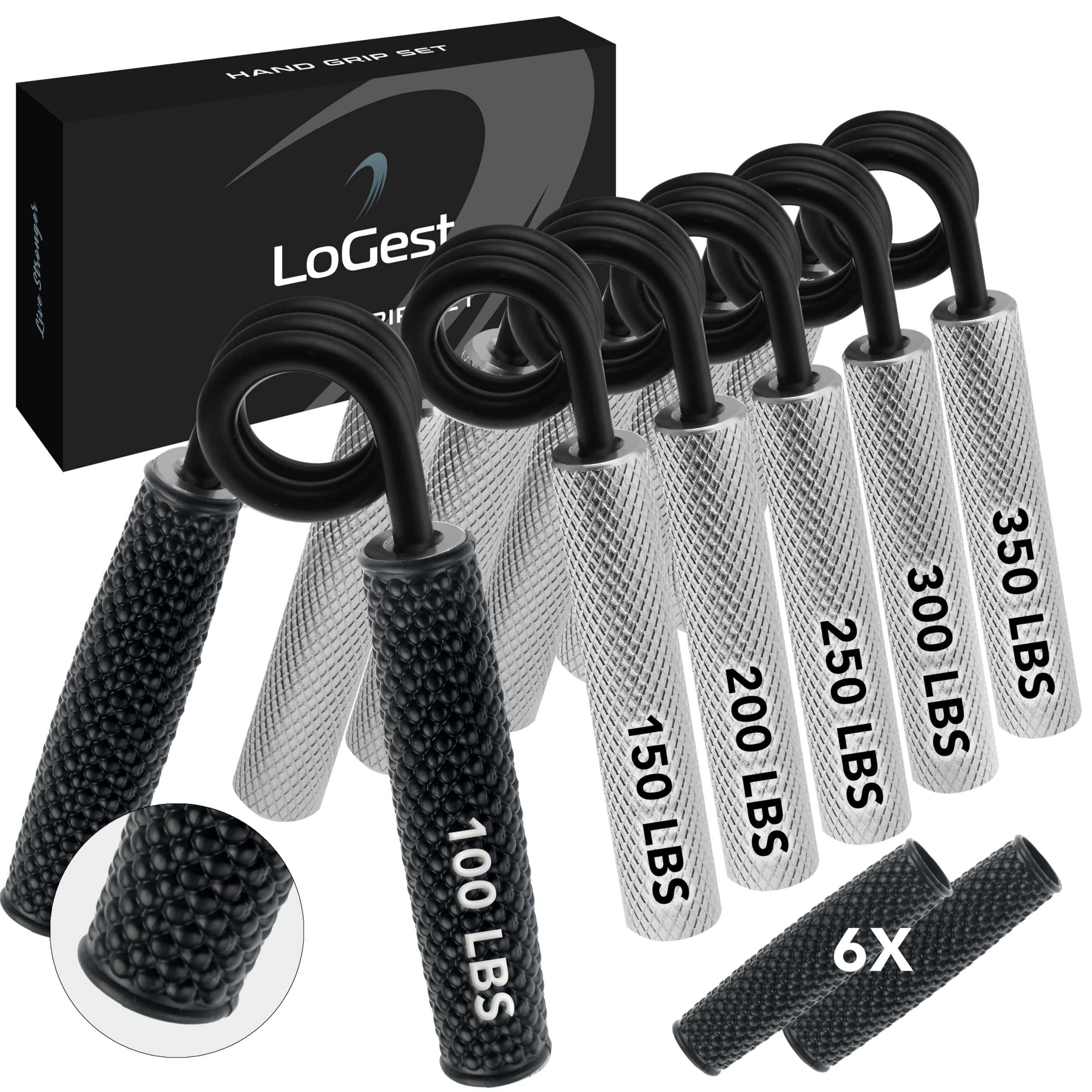 Logest Metal Hand Grip Set, 100LB-350LB 6 Pack No Slip Heavy-Duty Grip Strengthener with Gift Box, Great Wrist & Forearm Hand Exerciser, Home Gym,
