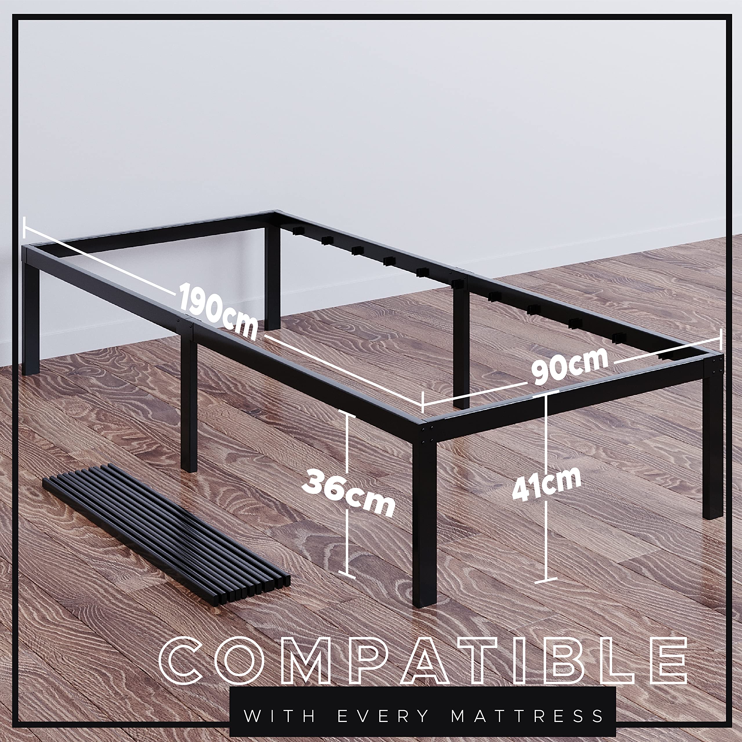 Dreamzie Metal Single Bed Frame 90x190 with Storage 41cm - Platform Sturdy and 20min Easy Assembly Bed Frames - Large Storage
