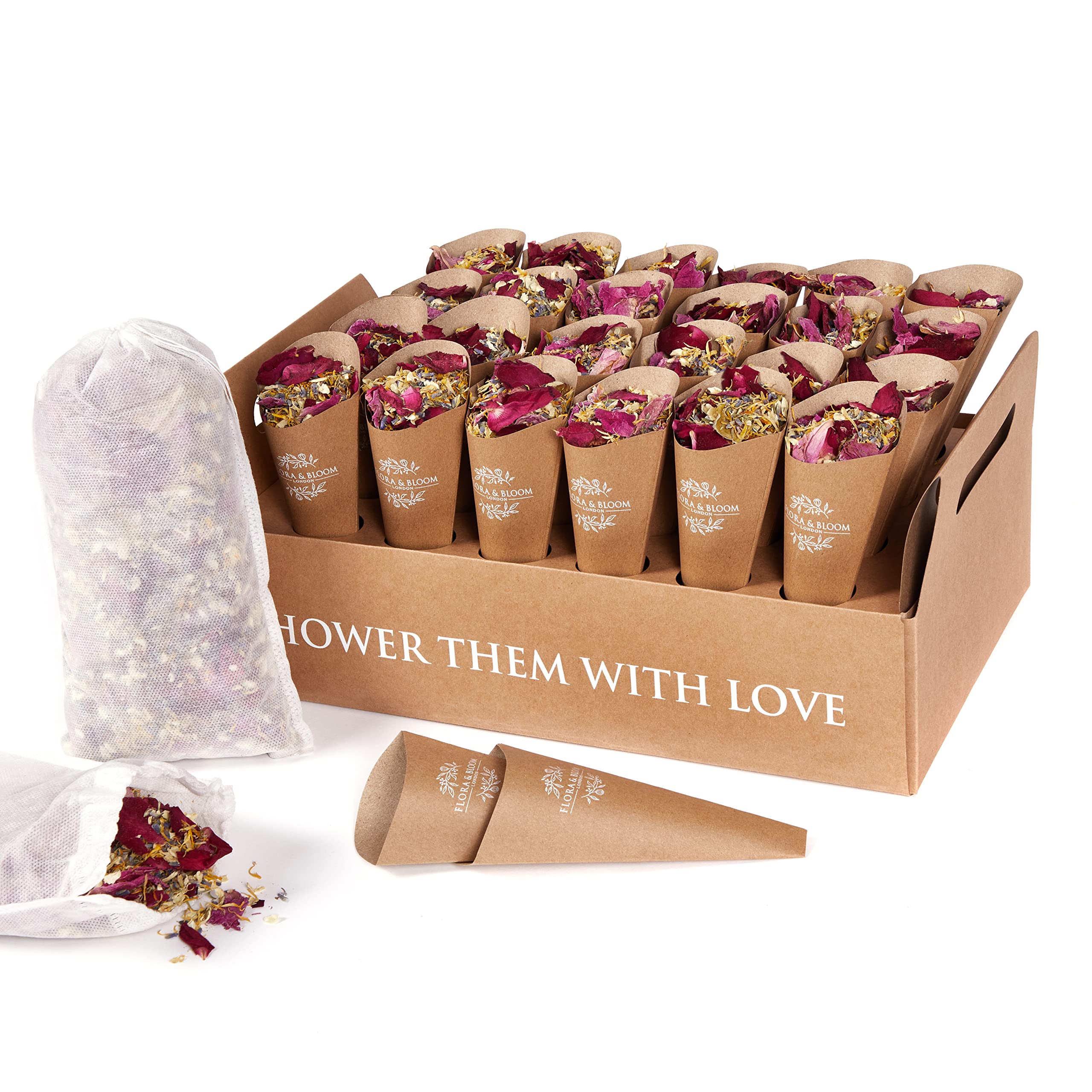 Flora & Bloom Biodegradable Confetti Kit (6 Litres, 48 Guests) | Pre Built Confetti Cones | Dried Confetti Petals | Wedding Confetti Kit | Pop Open